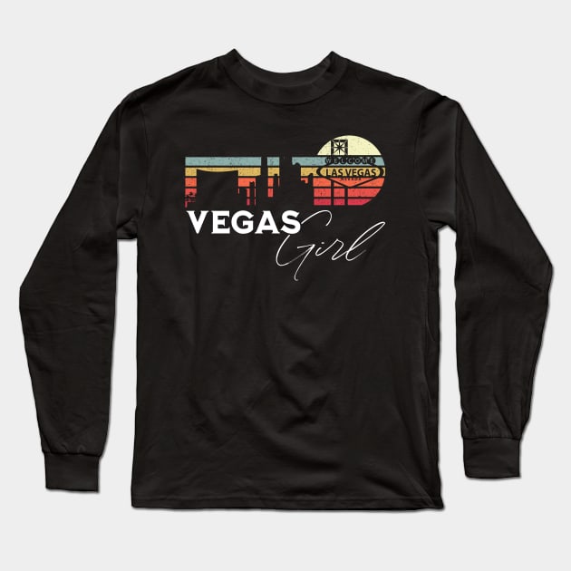 Las Vegas Girl Retro Sunset City Skyline Souvenir Long Sleeve T-Shirt by grendelfly73